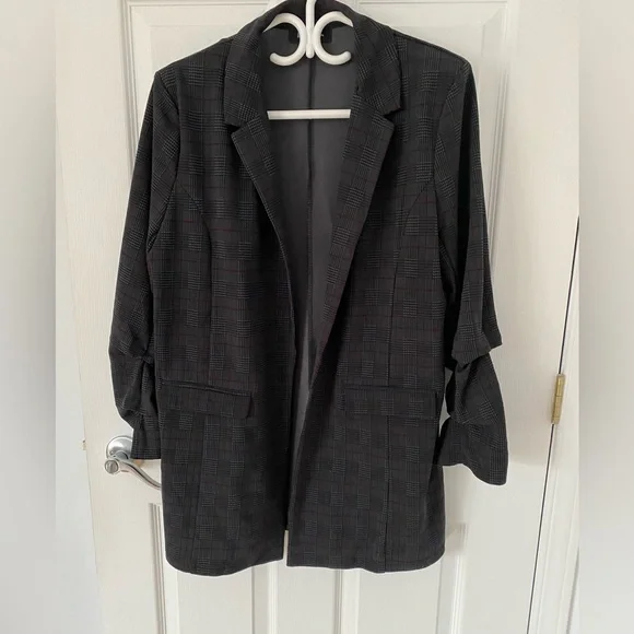 Women's Plaid Open-Front Blazer Jacket in Charcoal - Picture 1 of 5